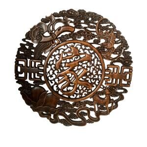 Beautifully Carved Wooden Asian 23" Wall Medallion Longevity Deer Dragon Fruit